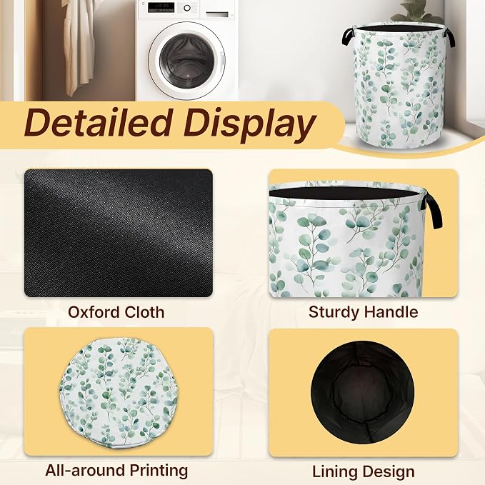 Laundry Hamper Foldable with Handles,Watercolor Eucalyptus Oxford Cloth Laundry Basket,Leaves Art Storage Organizer for Bathroom Bedroom Dorm 16"x20.8"