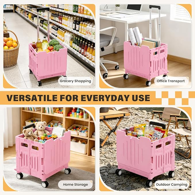 SUNALLY Folding Utility Cart Rolling Crate Handcart Shopping Trolley, Pink | Lockable Collapsible Tool Box with Lid, Rolling Crate With Wheels for Grocery, Travel, Garden, Shop, Office, Luggage, Teacher