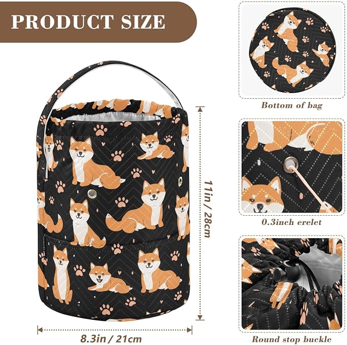 Fustylead Cute Cartoon Shiba Inu and Paw Prints Large Crochet Organizer, Durable Polyester Drawstring Basket Yarn Storage Bag for Crochet Hooks, Knitting Needles, Project and Sewing Supplies