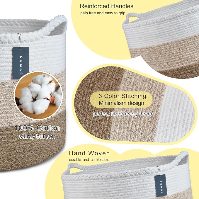 COMSE XXXLarge Woven Blanket & Laundry Basket, 87L, White & Gradient Brown | 21.7" x 13.8", Cotton Rope, Nursery Hamper for Storage of Toys Clothes Towels, Ideal for Living Room Bedroom Bathroom