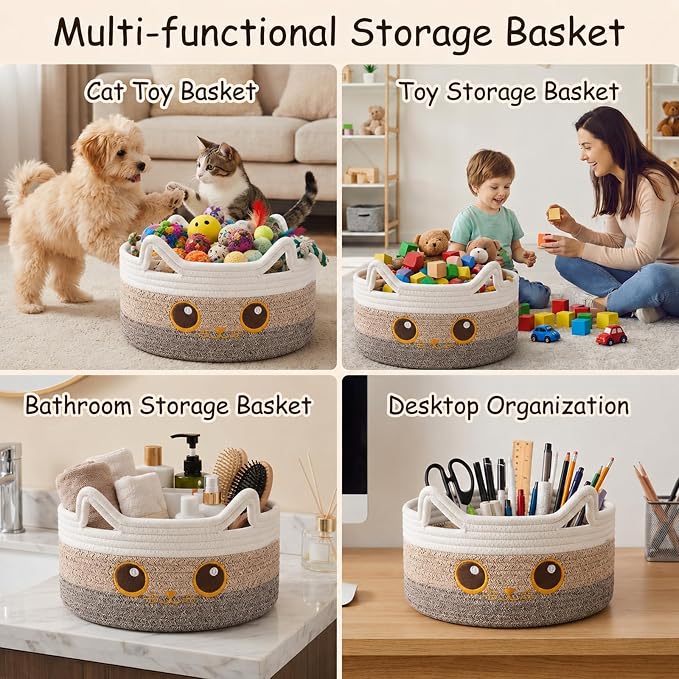 Small Round Cat Toy Basket,Cotton Rope Storage Basket for Living Room,Brown | Cute Decorative Dog Toy Basket, Toy Bin for Baby, Pet, Gift Basket for Halloween, Baby Shower , 13.4"×13.4"×5.9"