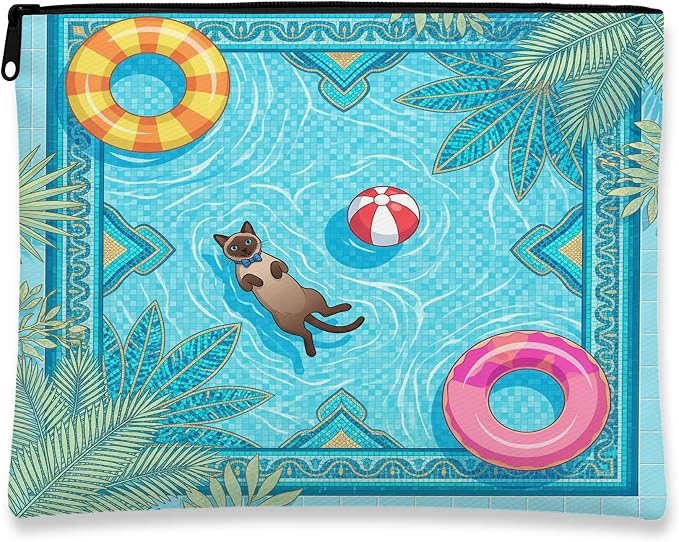 Siamese Cats Makeup Bag, Cute Pool Lifebuoys Tropical Cosmetic Travel Pouch for Women Girls, Portable Small Canvas Zipper Organizer, Pet Toiletry Bag 7x9 Inch