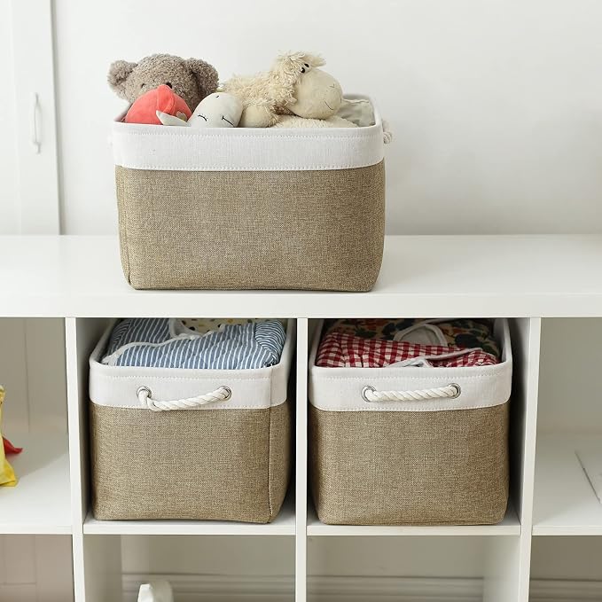 Organization and Storage Basket for Gifts Empty - 16x12x12 inch Cube Storage bin 3 Pack Fabric Storage Cubes, Collapsible Baskets for Organizer Closet Cloth Gift Toy (White & Khaki)