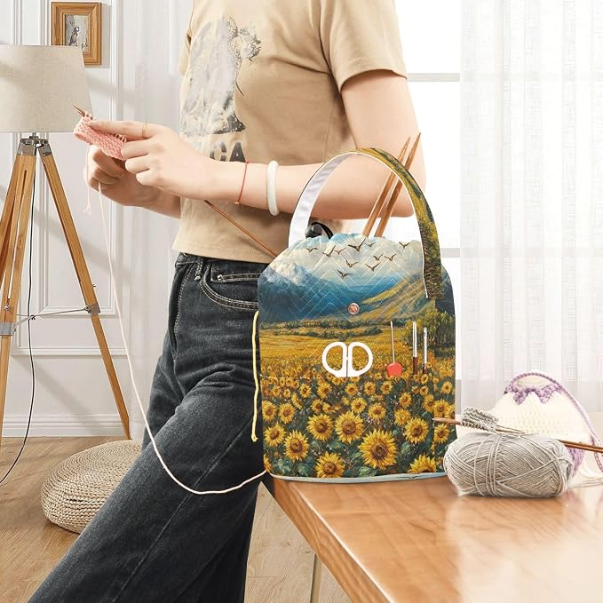 Tatenale Crochet Bag Yarn Bag Knitting Project Bag with Pockets and Handle Portable Yarn Storage Organizer Tangle Free 8.3x11 InchSunflowers Eagles and Mountain40