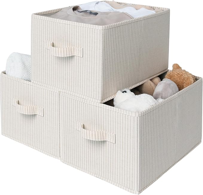 StorageWorks Shelf Organizer Bins, Beige Stripes, 3-Pack, Large | Foldable Shelf Organizer Bins, Closet Storage Baskets for Clothes, Fabric Storage Bins for Shelves