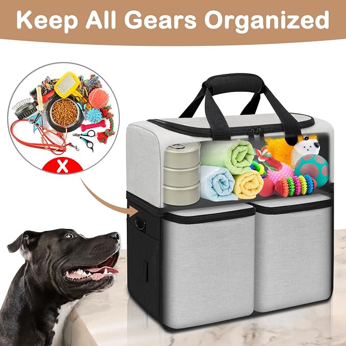 Mancro Dual Layers Dog Travel Bag, Dog Mom Gifts, Road Trip Essentials | Pet Travel Bags with 2 Extra Large Food Containers, 2 Collapsible Dog Bowls, Multi-Pockets Tote Organizer for Pet Supplies