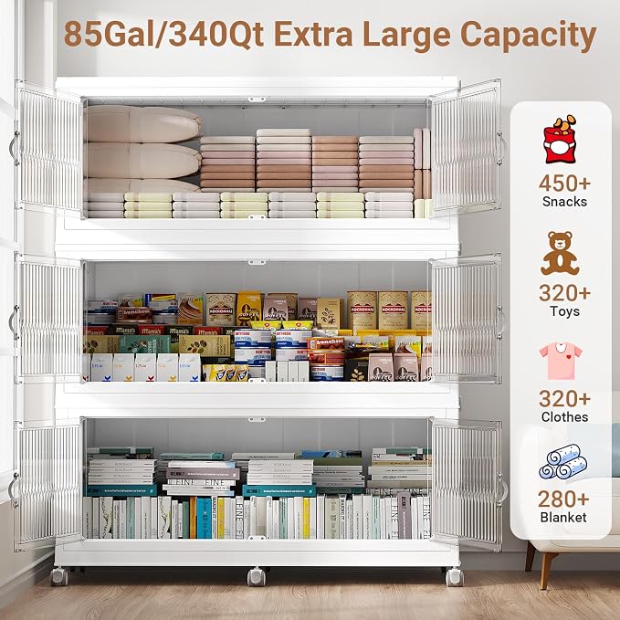 BROVIEW 1360QT Extra Large Stackable Storage Bins with Lid, 4Pack White | 340Gal Plastic Collapsible Cabinets Containers, Wheels & PET Doors, Foldable Closet Organizers Drawers for Office, Dorm
