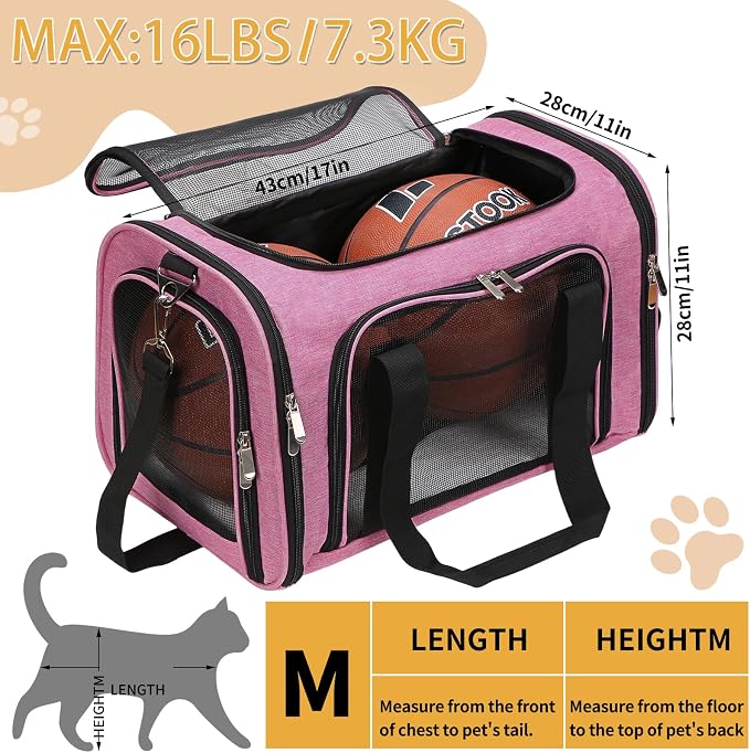 Soft-Sided Cat/Dog/Pet Carrier, Collapsible Pets Travel Carriers | for Big Cats/Small Dogs with Shoulder Strap & Removable Mat, Mesh Puppy Carry Bag, Up to 16 Lbs, TSA Airline Approved(Pink)
