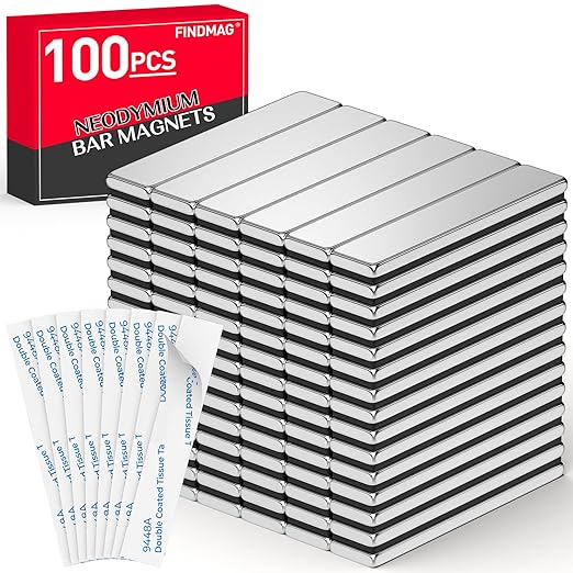 FINDMAG Heavy Duty Bar Magnets with Adhesive Backing, 100 Pack, 60x10x3mm | Neodymium magnetic strips for repeat mounting tasks; for workshop layouts, cabinet installations, signs and tool storage