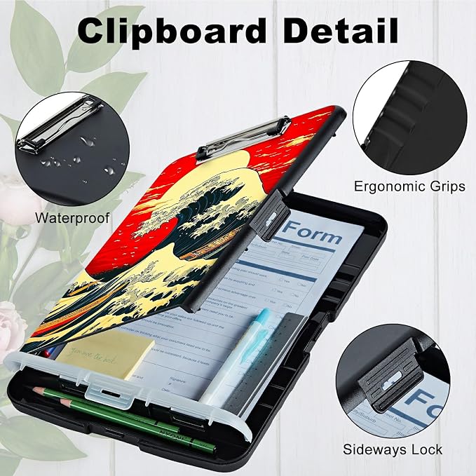Red Sky Waves A4 Clipboard with Storage Pen Holder, Clipboards Organizer Nursing Clipboard Foldable File Folder Plastic Clipboard Folio Clip Board for Office Students Classroom Doctor