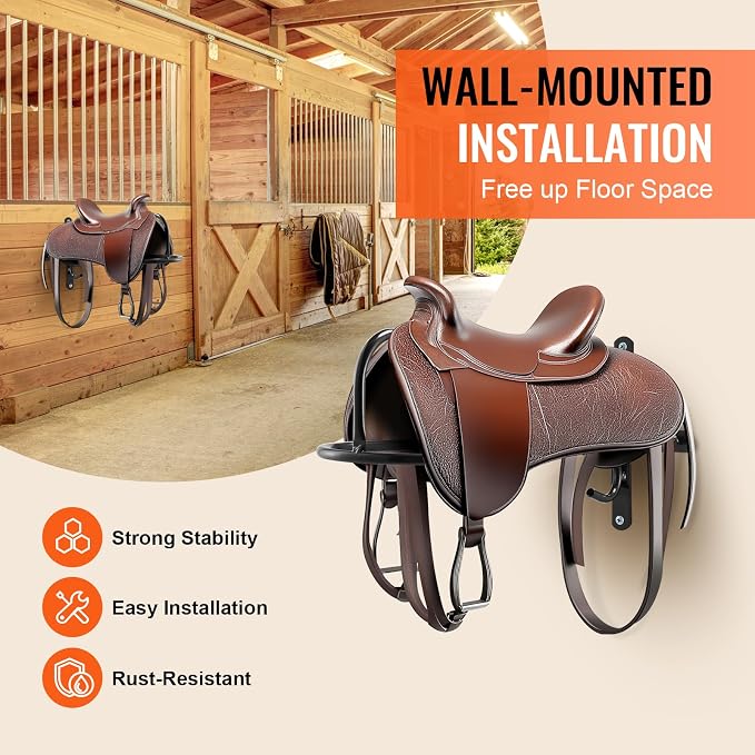 VEVOR Wall Mount Saddle Rack, 27.3 x 16.3 x 12.5 in, 8 Packs Horse Saddle Rack with Pad Bar, Portable Saddle Stand for English & Western Saddle, Horse Tack Storage for Equestrian Garden, Black