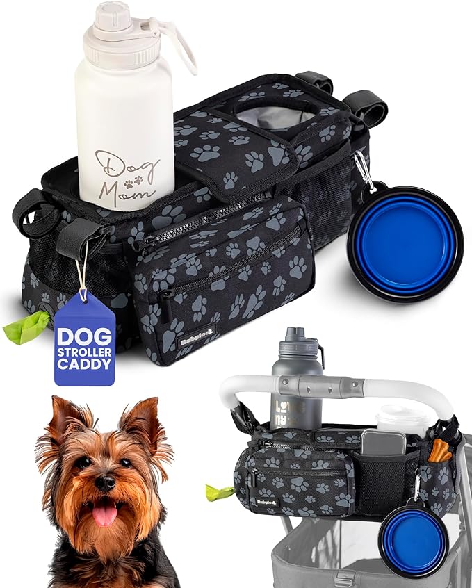 Dog Stroller Caddy Organizer with 2 Insulated Cup Holders & Treat Pocket | Poop Bag Dispenser, Treat Pocket, Collapsible Water Bowl, Zip-Off Wallet, Non-Slip Fit for 14-19" Handlebars, Paw Print