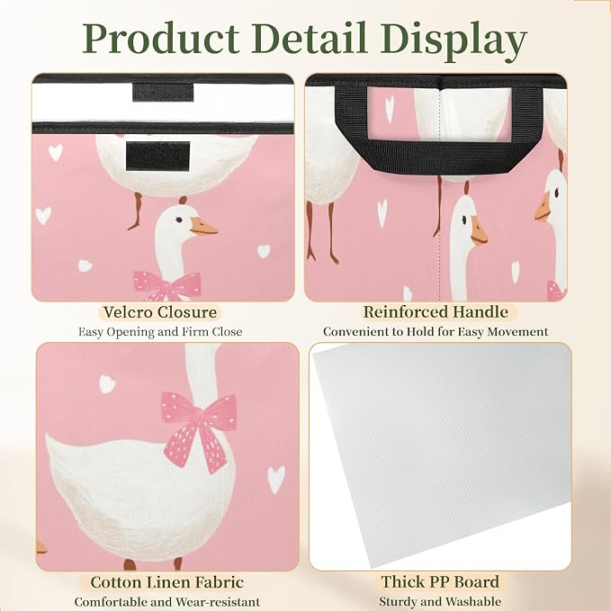 Cute Goose Storage Bins with Lids, Pink Bow Foldable Storage Boxes with Carrying Handle Organizer Containers Baskets Cube for Home Bedroom Closet