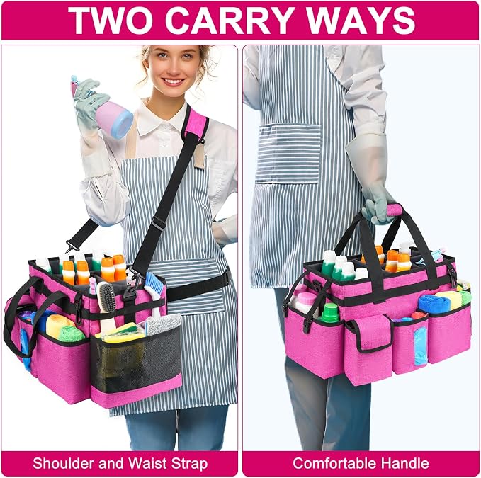 Cleaning Caddy Bag,Large Cleaning Supplies Organizer with Handle for Housekeepers,Rose Red