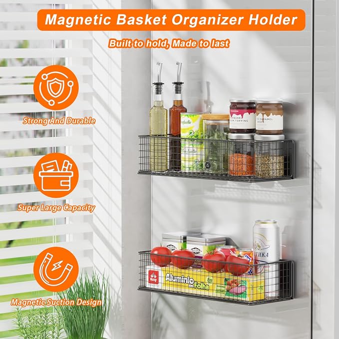 2Pack Magnetic Basket Organizer Holder for Fridge | Magnetic Storage Bin Box Containers, For Refrigerator Whiteboard Classroom