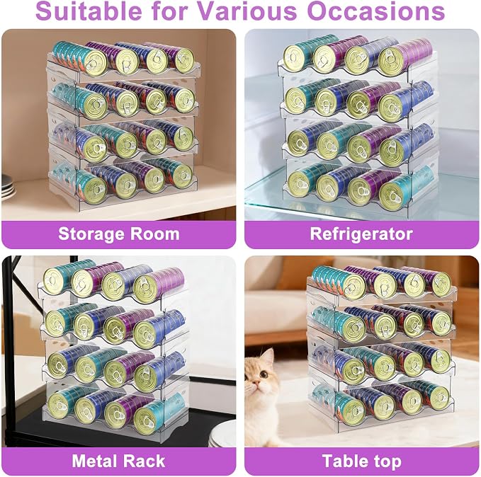 REFLYING Cat Food Can Organizer 4-Tier Holds 96 Cans Acrylic | Clear acrylic 4-tier cat food can organizer,Holds 96 cans 3oz-12.5oz,Stackable pantry storage for multi-cat households