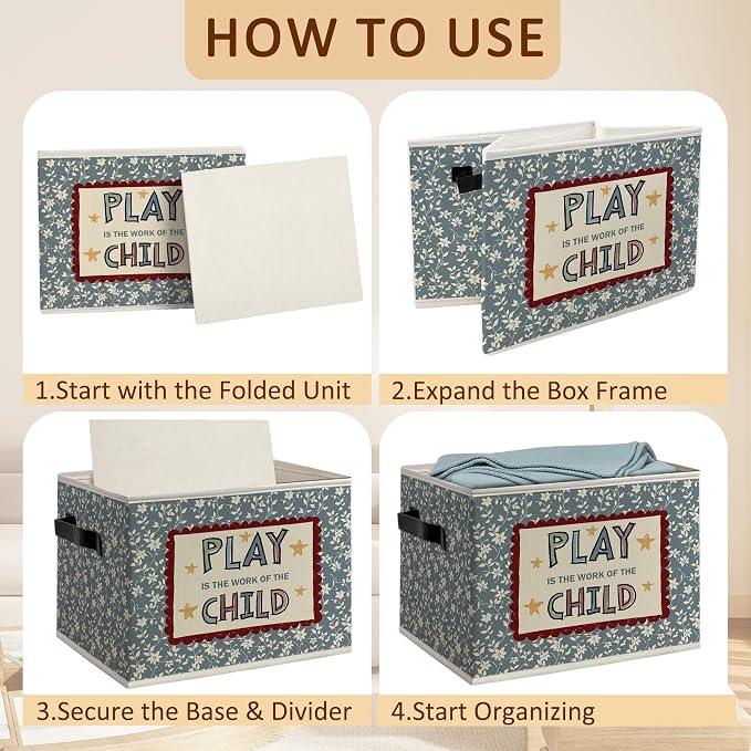 Boho Blue Floral Kids Foldable Storage Bins Box with Handles | Play Is the Work of the Child Decorative Storage Boxes Baskets Organizer for Kids Room Nursery Bedroom Bathroom