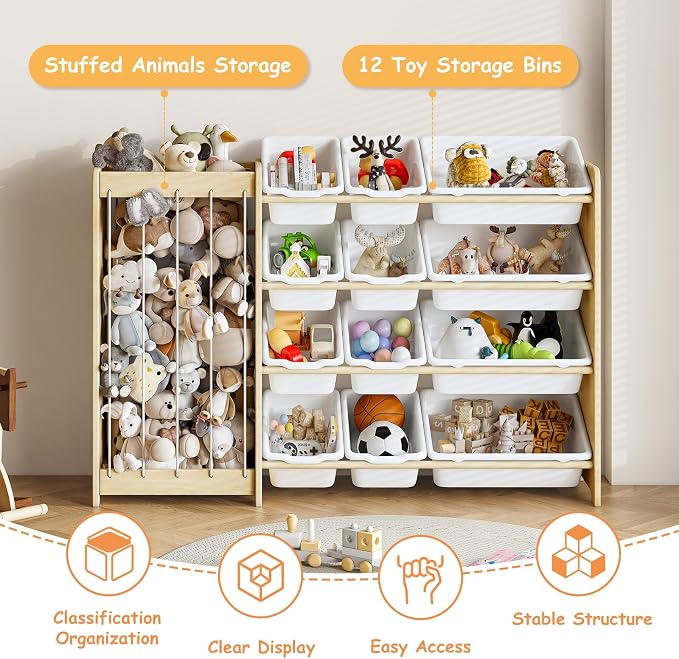 EXPERLAM Kids Toy Storage Organizer, 2-in-1 Stuffed Animal Storage & Toy Organizer w/12 Bins, Solid Wood Toy Rack Featuring Thicker Elastic Ropes to Hold Toys, Playroom Nursery Bedroom Storage, White