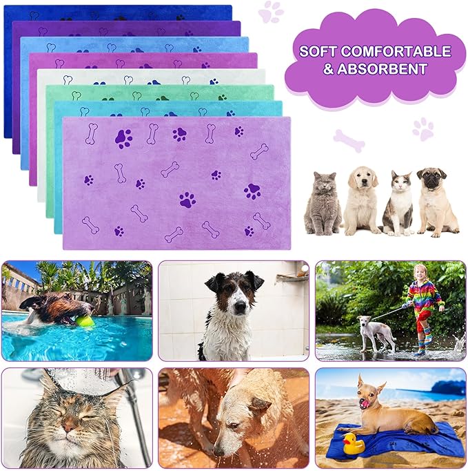 Chumia 8 Pcs Dog Towels for Drying Dogs Cats Pet Towels Bulk Puppy Microfiber Fast Drying Paw Bath Bathing Supplies Absorbent for Medium Pets(55 x 28 Inch,Dog Paw and Bone,Classic Color)