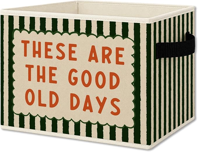 Inspirational These Are Good Old Days Cube Storage Bins with Handles, Green Striped Motivational Collapsible Fabric Storage Basket Boxes Books Clothes Organizer for Bedroom Bathroom