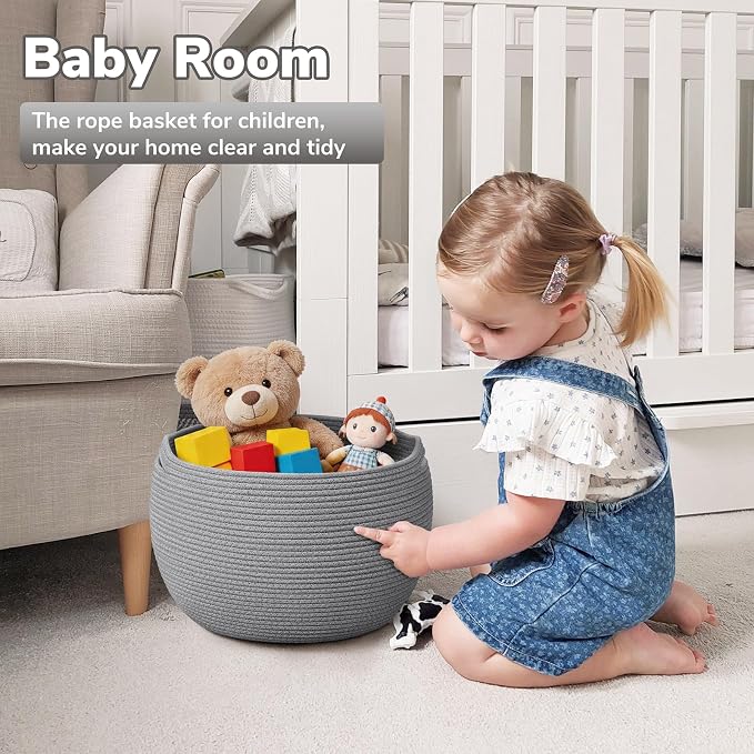 Goodpick Large Toy Storage Basket for Kids, Round, 15.7" x 10.5", Grey | Woven Rope Basket with Handles, Holds Blankets, Toys & Baby Shower, Decorative Basket for Living Room & Bedroom Décor