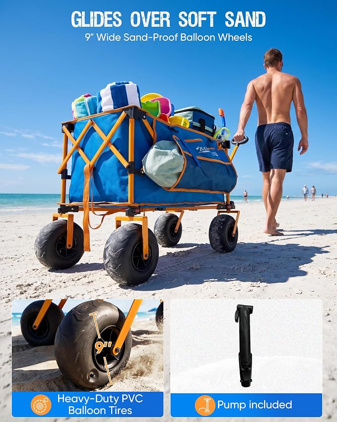 Old Bahama Bay Beach Wagon with Balloon Wheels, Foldable Sand Cart | 9" Balloon Wheels for Soft Sand, Large Capacity Wagon, Umbrella Storage, 330 lb Steel Frame, Quick Fold Design