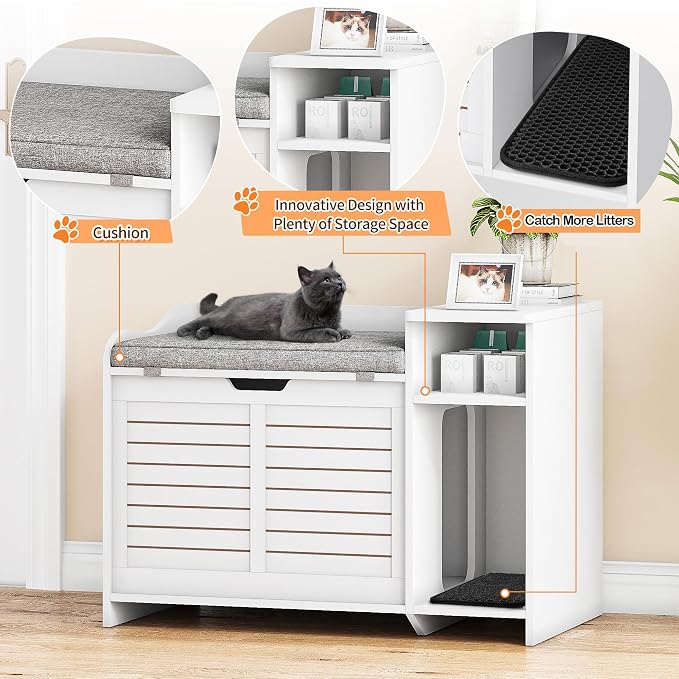 Cat Litter Box Enclosures Large Hidden Cat Litter Box Furniture Enclosure w/Top Opening Door, Wooden End Table Pet House w/Storage Shelf, Cushion & Mat, Dog Proof Design for Easy Cleaning