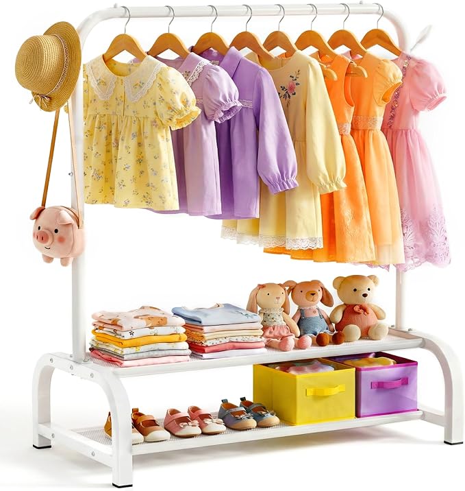 Kids Clothes Rack for Ages 3-6, Montessori Kids Clothing Rack, White | Kids Dress Up Rack with 2 Fabric Storage Shelves & Side Hooks, Toddler Wardrobe Rack for Costumes, Princess Dresses and Shoes