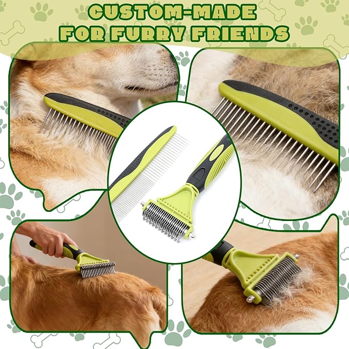 2-in-1 Dog Grooming Brush for Shedding & Dematting Comb for Dogs and Cats, Double Coat Undercoat Rake & Slicker Brush Pet Grooming Tool (Green)