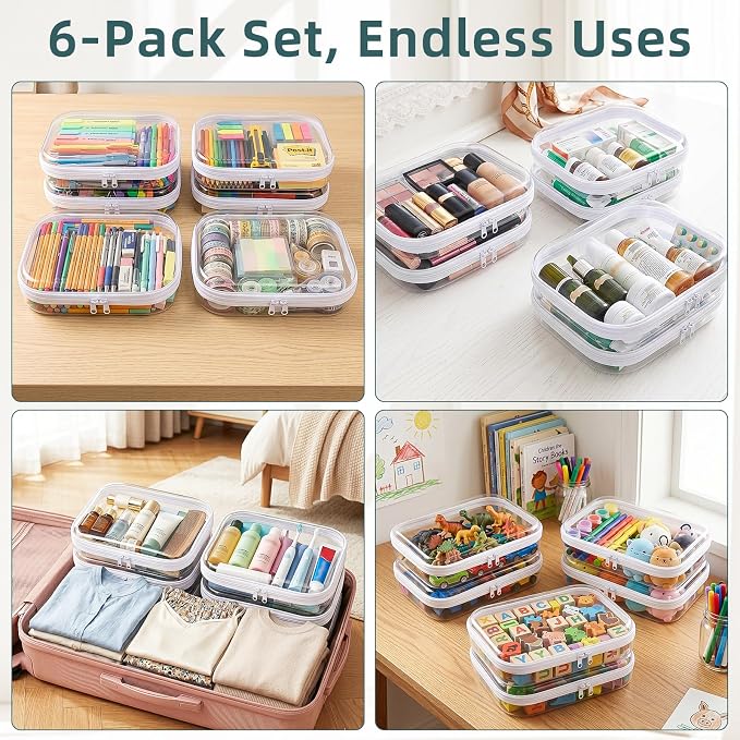 Clear Hard Shell Zipper Cases (6 Packs), Plastic Hard Sided Zippers Pouches Clear Hardshell Pencil Case For Storage, Diaper Bag Organizer Bliss Bins 6*Medium