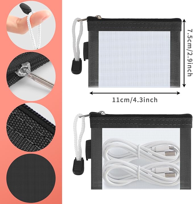 Classycoo Mini Zipper Mesh Bags 3 Pack,3" x 4.3" Nylon Small Zipper Mesh Pouch Key Card Holder,Coin Purse,Portable Travel Makeup Cosmetic Bags for Lipstick, Earphone (Black+ Grey+Orange)