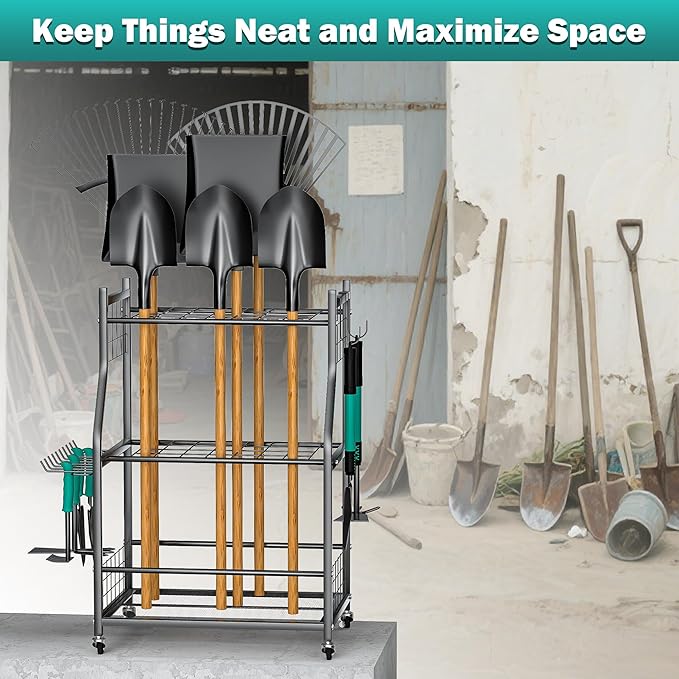 EVERHANGER Garden Tool Organizer Stand, Garage Tool Storage Organization | Yard Tool Racks with lockable wheels, Fit for Long-Handled Tools/Rakes/Brooms, Indoor/Outdoor Use