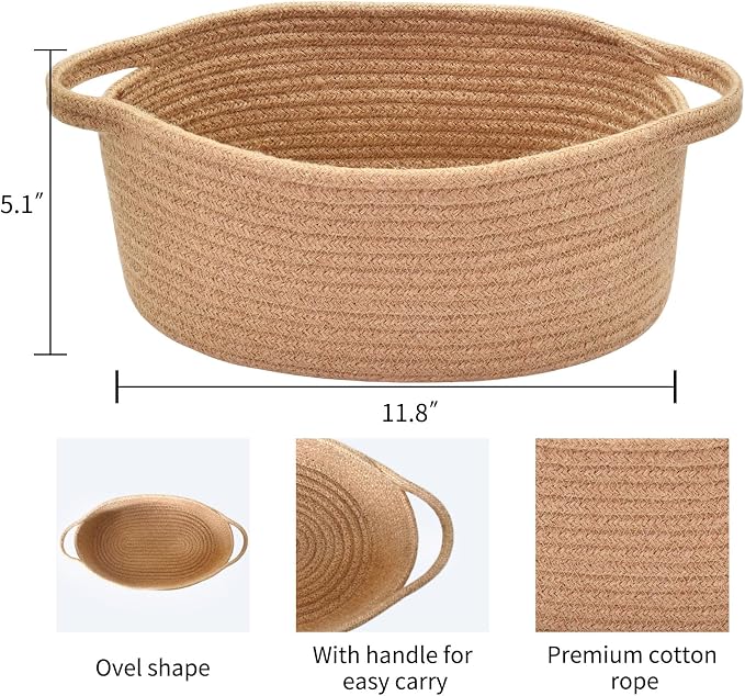 ABenkle Small Basket with Handles, Boho Decorative Rope Woven Dog Cat Toy Storage Bin Shelf Storage Organizer, Easter Christmas Gift Basket, 12"x8"x5"