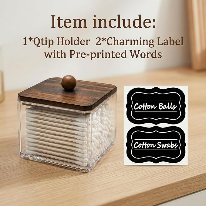 SheeChung 1 Pack Square Acrylic Qtip Holder with Walnut Wood Lid | Qtip Holder for Bathroom,Clear Apothecary Jar for Cotton Balls, Pads, Flossers, Farmhouse Vanity Storage Organizer