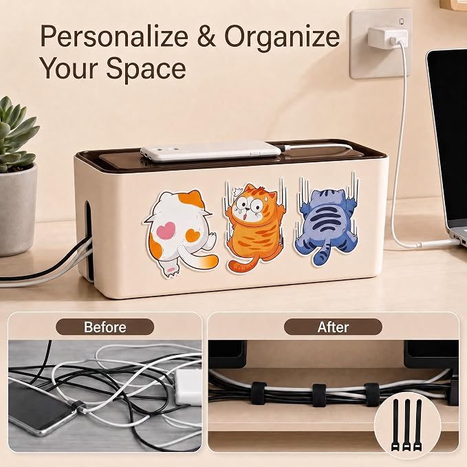 Cable Management Box, Dust-Proof & Heat Dissipation Cord Organizer, Hide Power Strips and Messy Wires, 11.8" (L) x 4.3" (W) x 4.5" (H), Home Office Desk Accessories, Includes 3 Stickers & Straps