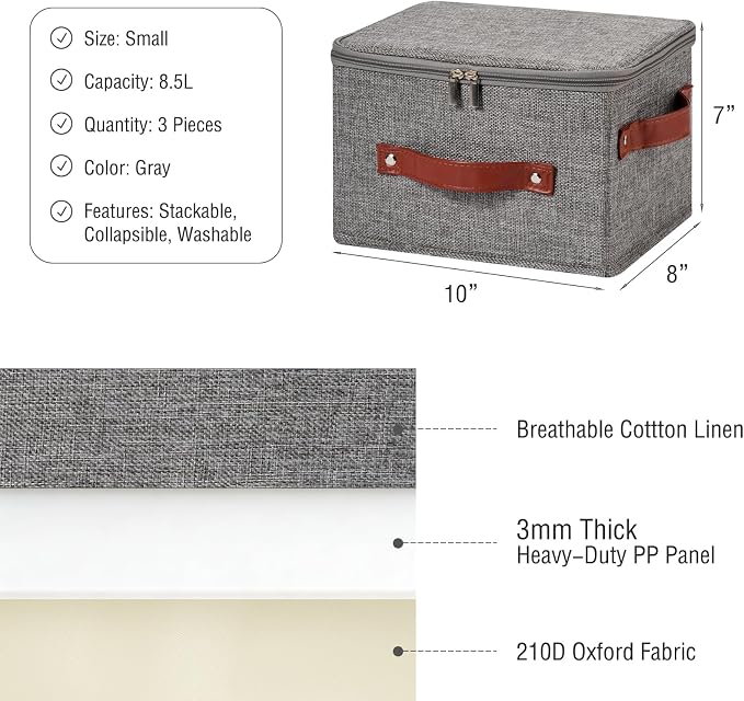 3PCS Storage Bins Boxes with Zippered Lid Decorative Baskets | Cotton Linen Fabric, Washable Foldable Stackable Clothes Container, Closet Shelf Organizer w/ PU Leather Handles, Gray-Small