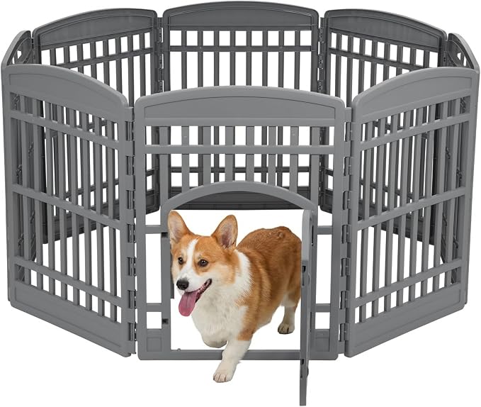IRIS USA 8-Panel Dog Playpen, Pet Enclosure, Gray | Safe Play Zone, Configurable Layout, Custom Pen Configuration, Multi-Shape Setup, Stable Non-Tip Base, Secure Door Latch