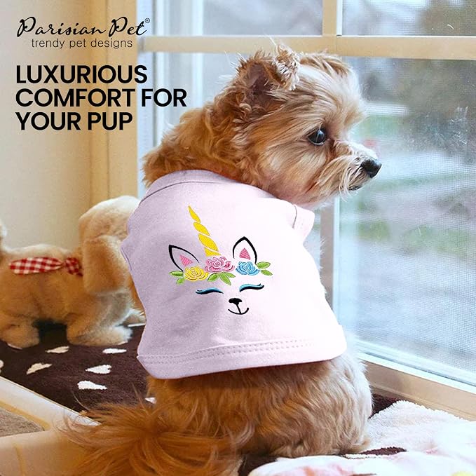 Parisian Pet Dog Shirt - 100% Cotton Unicorn Shirts for Small Dogs - Pink Sleeveless Girl Pet Clothes - Lightweight and Breathable Puppy Clothes - Stretchy Female Dog Apparel - T Shirts for Dogs