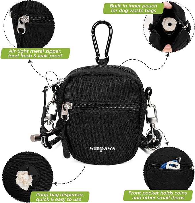 Dog Treat Pouch with Poop Bag Holder, Small Crossbody Bag for Puppy Training and Walking, Shoulder Strap Can Use as Dog Leash- Pet Travel Accessories, Metal Carabiner Attached (Black) | 900D Oxford Fabric