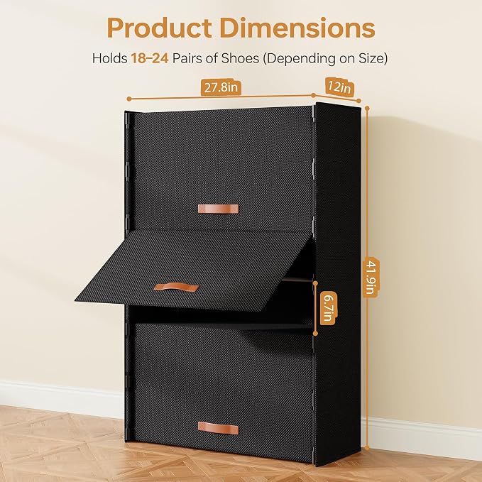 6-Tier Shoe Storage Cabinet with Fabric Cover, Hard Flip Doors, Holds 18–24 Pairs, Enclosed Dustproof Shoe Rack Organizer for Entryway, Closet & Bedroom, Shoe Shelf, Black, 27.8" x 12.0" x 41.9"