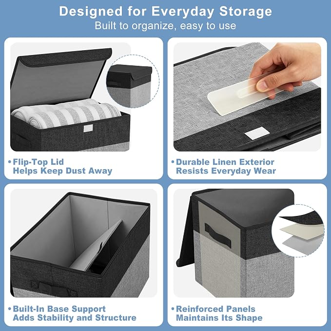 Large 22 Quart Linen Fabric Foldable Storage Bin Cube Organizer Basket with Flip-Top Lid & Handles, Clothes Blanket Box for Home, Office, Closet, Black & Gray, 4 Pack 14.6 x 9.5 x 9.5