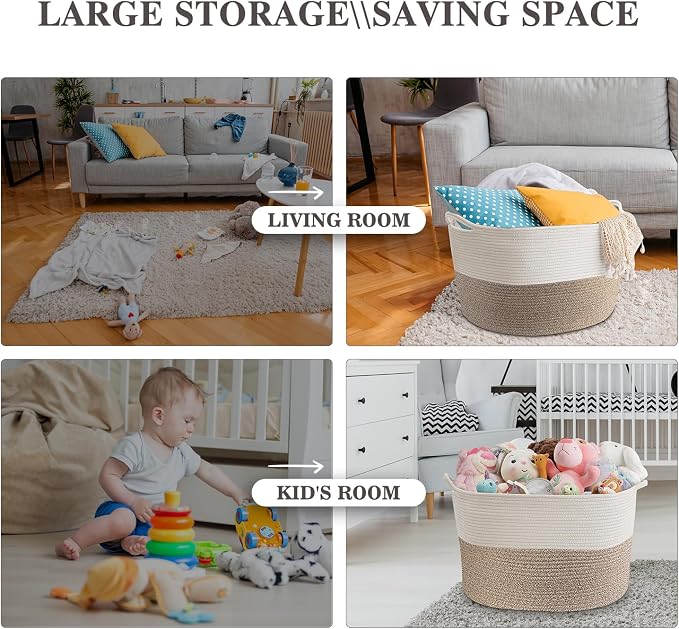 Maliton Woven Rope Blanket Basket Living Room, Storage Basket for Toy, 90L | 22"x14" Cotton Rope Basket. Holds blankets, Toys & Towels & Laundry. For Bedroom, Nursery, Bath & Playroom. Soft & Durable