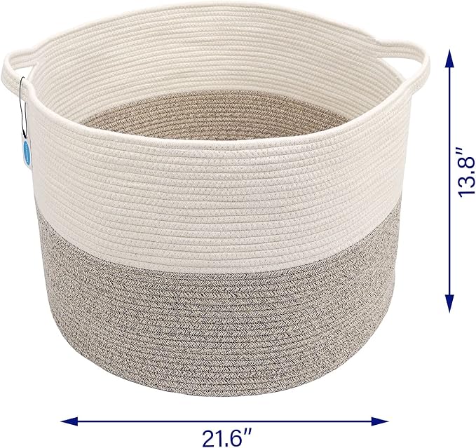 Casaphoria XXL Cotton Rope Basket - 21.7" x 21.7" x 13.8" Woven Laundry Hamper with Handle