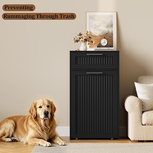 13 Gallons Pull Out Trash Can Cabinet, Hidden Trash Can, Black | Fluted Kitchen Trash Cabinet with Drawer, Freestanding Garbage Pet Proof Trash Can Holder for Laundry, Living Room