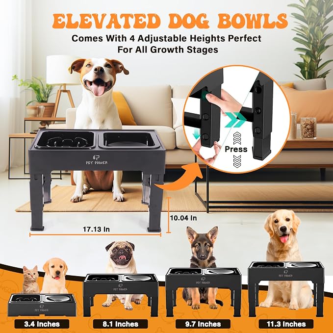 Elevated Dog Bowls with Collapsible Scoop, Slow Feeder Dog Bowls & No-Spill Water Bowl, Raised Dog Bowl Stand 4 Adjustable Heights for Small, Medium & Large Dogs