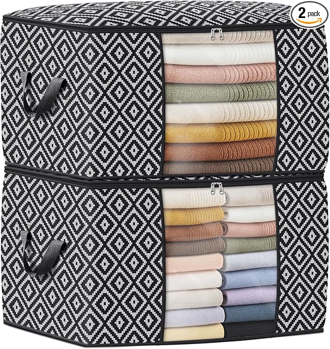 100L 2 Pack Storage Bags, Foldable Clothes Bins with Clear Window, Black | Blanket Storage Containers with Reinforced Handles for Bedding, Comforters, Clothing, Quilts and Closet Organization