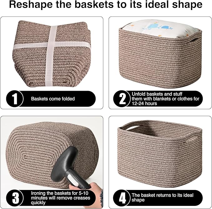 ICERZCZ Storage Baskets for Organizing 12.5x9.1x7.9 Mixed Dark Brown | Storage Bins for Shelves, Woven Cotton Rope Basket for Books Toys Clothes Bedroom Living Room Nursery Bathroom, 4 Packs