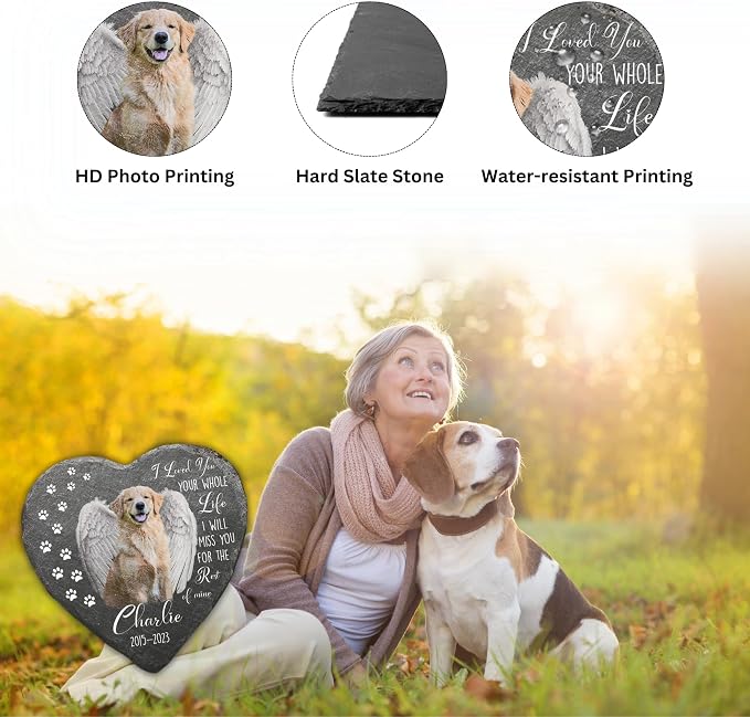 Wrappiness Pet Memorial Stone - We Loved You Your Whole Life, Personalized Dog Memorial Gifts, Remembrance Condolences Bereavement Gifts for Loss of Pet Custom Photo (Heart 06, Stone with Stand)