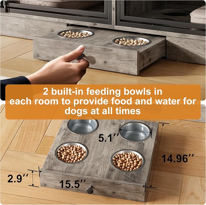 IDEALHOUSE 78.7" Double Dog Crate Furniture with Storage and 4 Doors, Grey | Dog Kennel Indoor with Feeding Bowls, Wood Dog Crate TV Stand for Small Medium Dogs