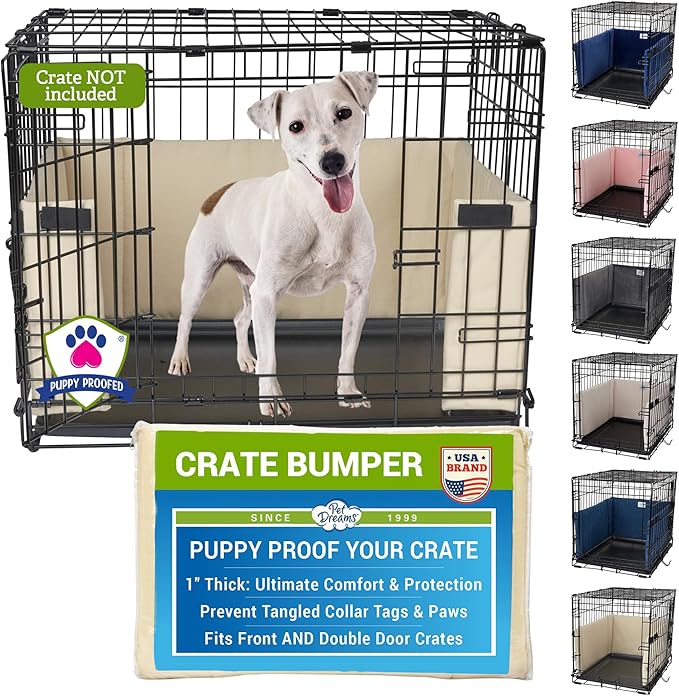 Pet Dreams Dog Crate Bumper - Patented Comfy Liner & Dog Tail Protector for Inside Crate, Fits iCrate Cages 18, 24, 30, 36, 42, 48 Inches (Khaki, Medium, 30")